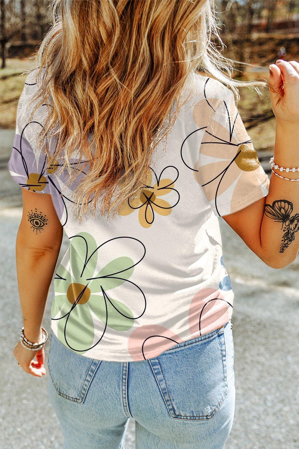 Summer Flower Print Casual Round Neck T Shirt | Beige