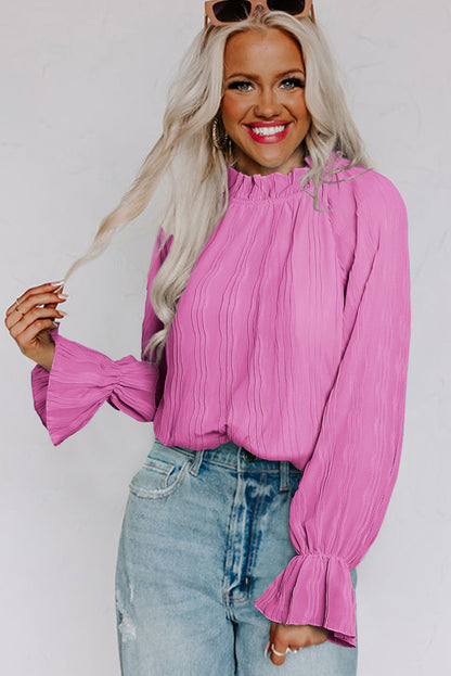 Striking Pleated Flared Cuff Long Sleeve Blouse | Pink