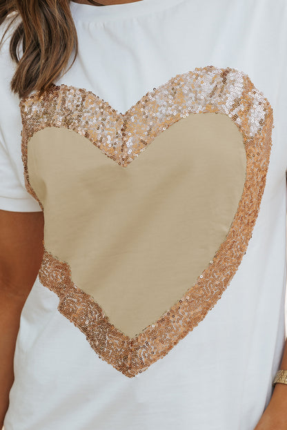 Valentine'S Day Sequined Heart Crew Neck Short Sleeve Top | White