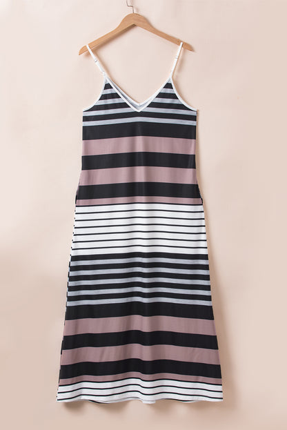 Mixed Stripes Spaghetti Straps V Neck Maxi Dress | Multicolour