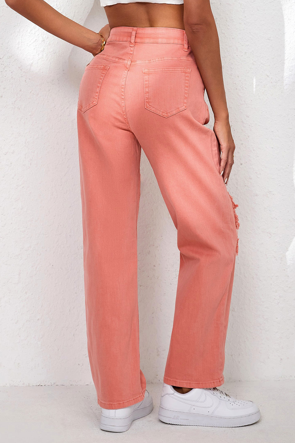 High Waist Ripped Straight Leg Pocket Jeans | Pink