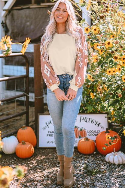 Western Print Patch Long Sleeve Top | Apricot