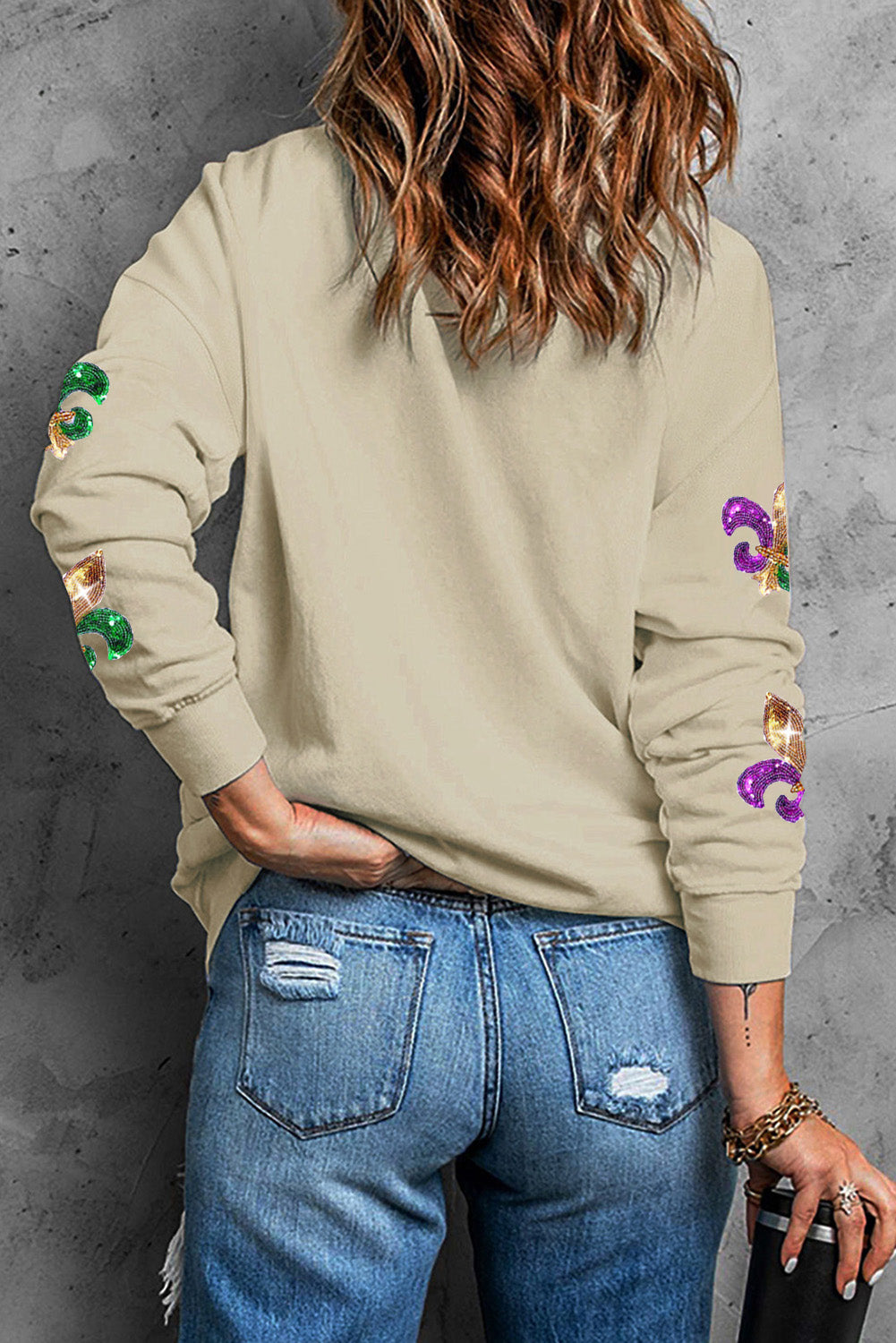 Sequin Mardi Gras Graphic Pullover Sweatshirt | Khaki