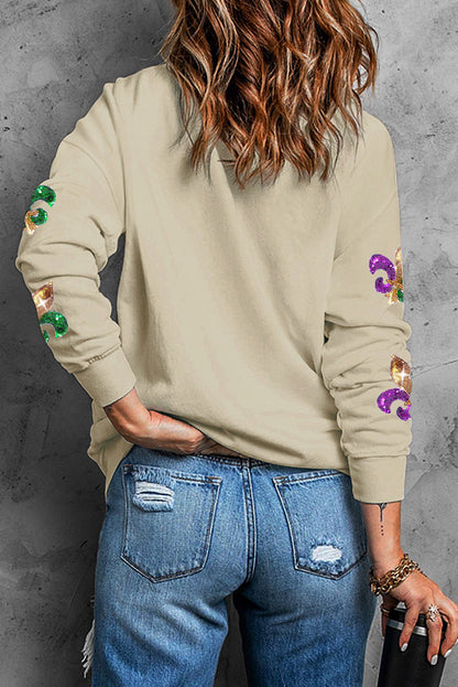 Sequin Mardi Gras Graphic Pullover Sweatshirt | Khaki