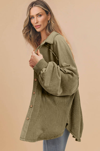 Waffle Knit Patchwork Buttoned Oversized Shacket | Moss Green