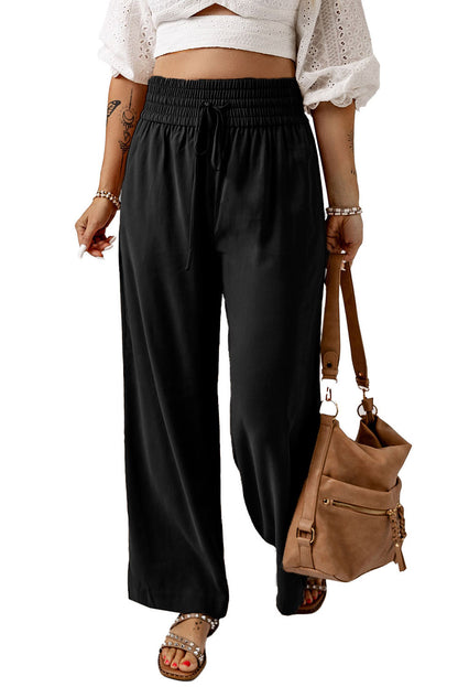 Drawstring Elastic Waist Casual Wide Leg Pants | Black