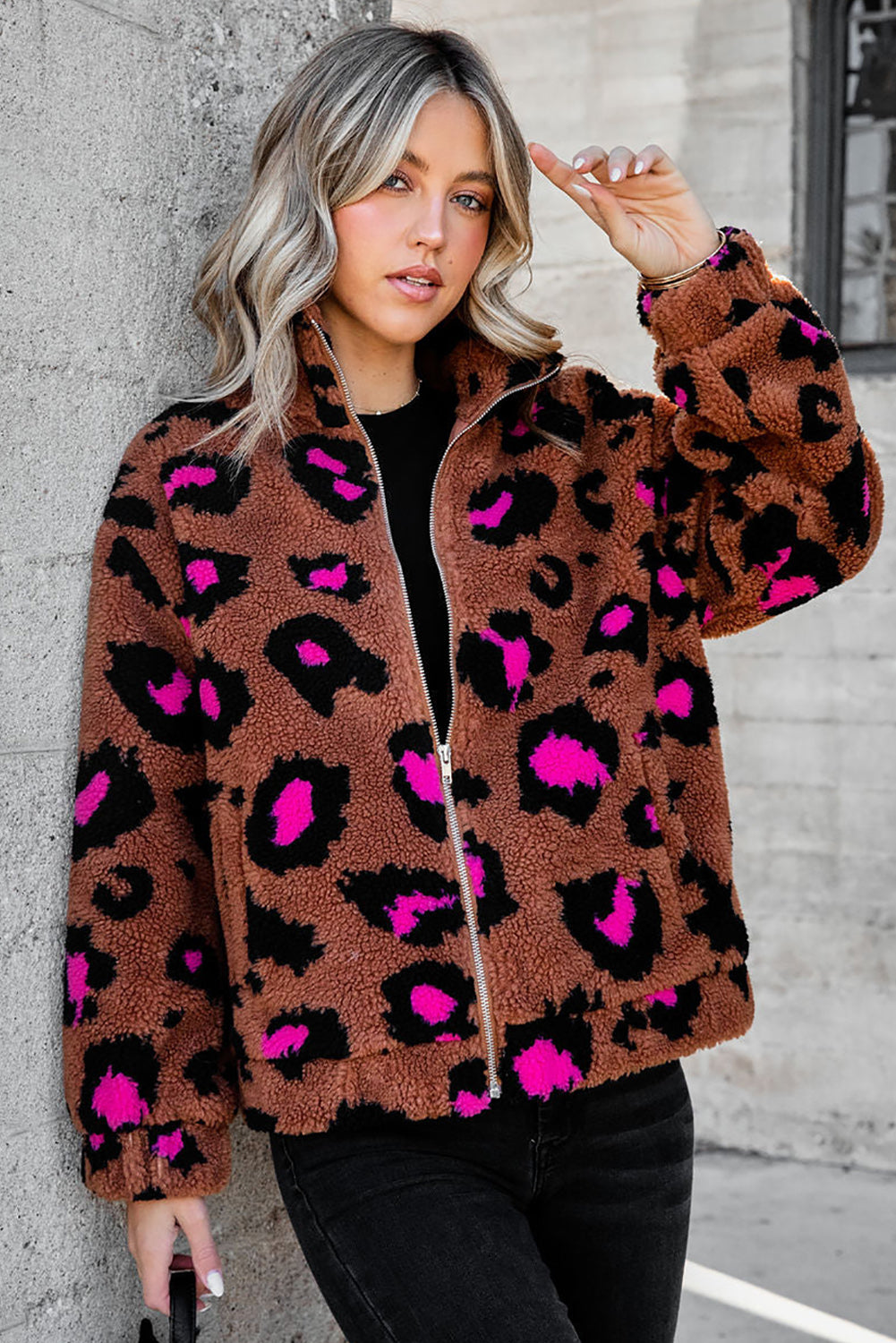 Zip Up Stand Collar Sherpa Teddy Jacket | Leopard