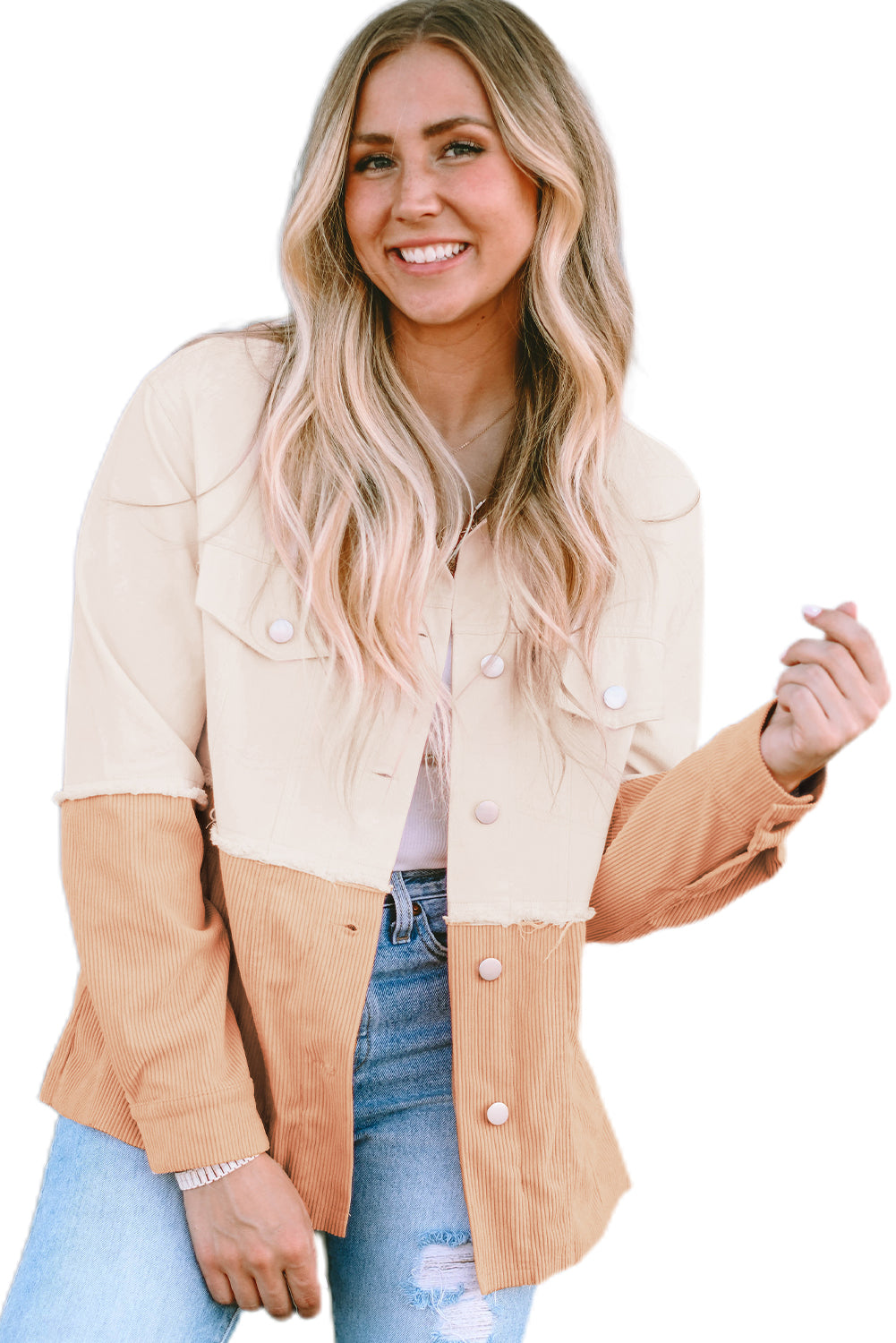 Two Toned Colourblock Cord Chambray Flap Pockets Jacket | Khaki