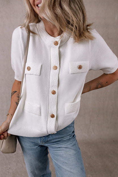 Gold Buttons Textured Sweater T Shirt | White