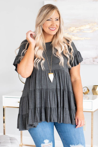 Tiered Ruffled Short Sleeve Plus Size Blouse | Gray