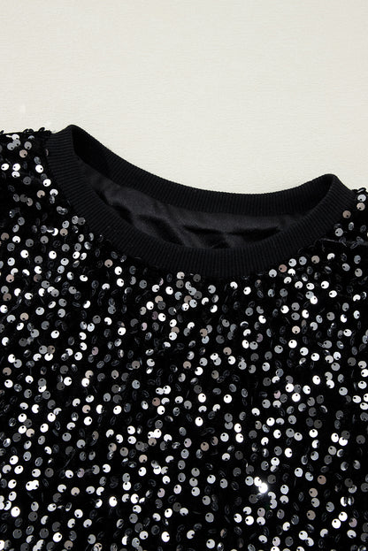 Sequined Long Sleeve Crew Neck Cropped Blouse | Black