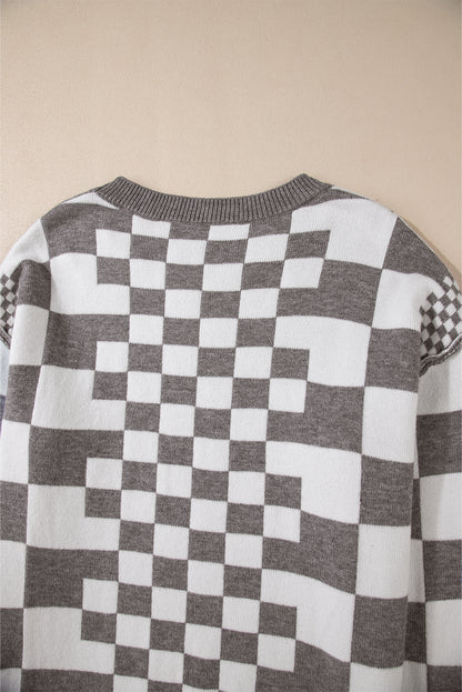 Checkered Print Drop Shoulder Round Neck Sweater | Gray