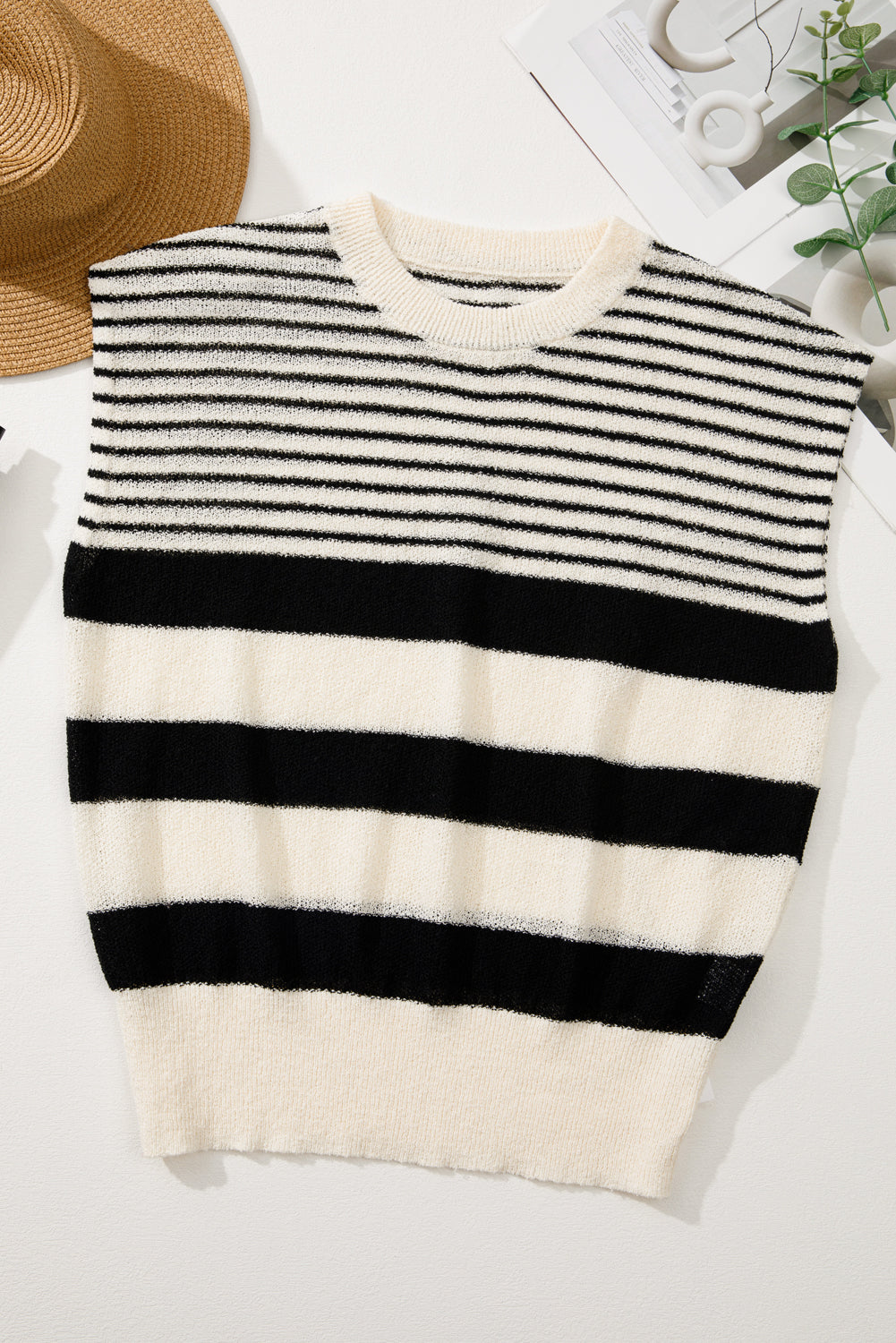 Black White Striped O Neck Sweater Vest | Black white