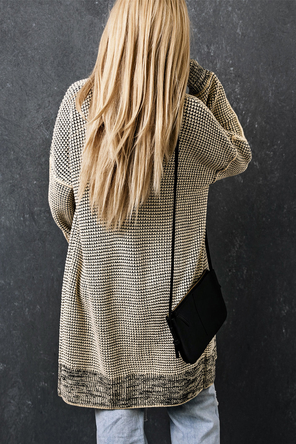 Plaid Knitted Long Open Front Cardigan | Apricot