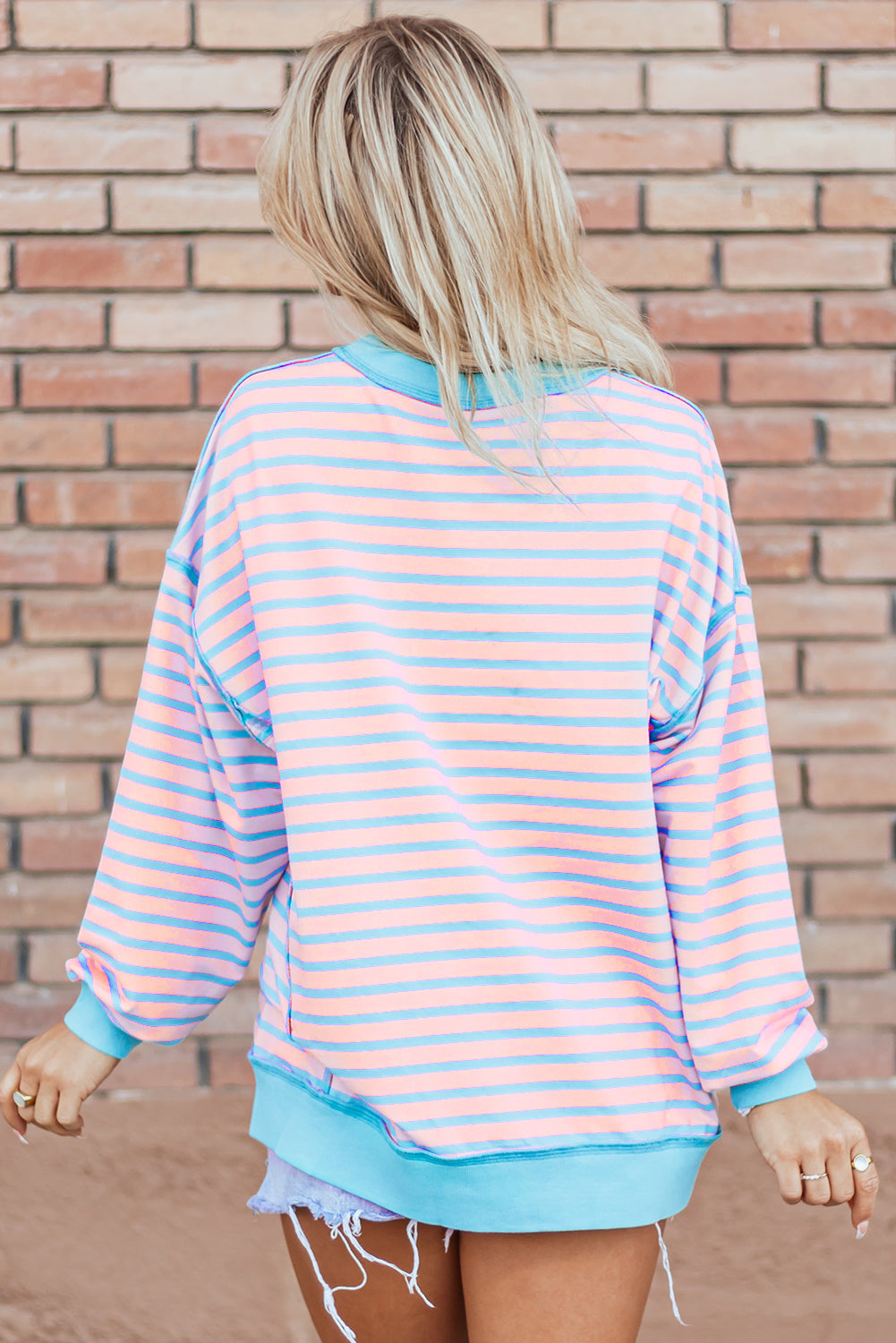 Contrast Trim High Low Pullover Tunic Sweatshirt | Pink Stripe