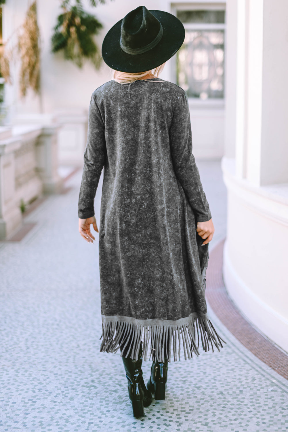 Fringed Hem Pocketed Open Cardigan | Black