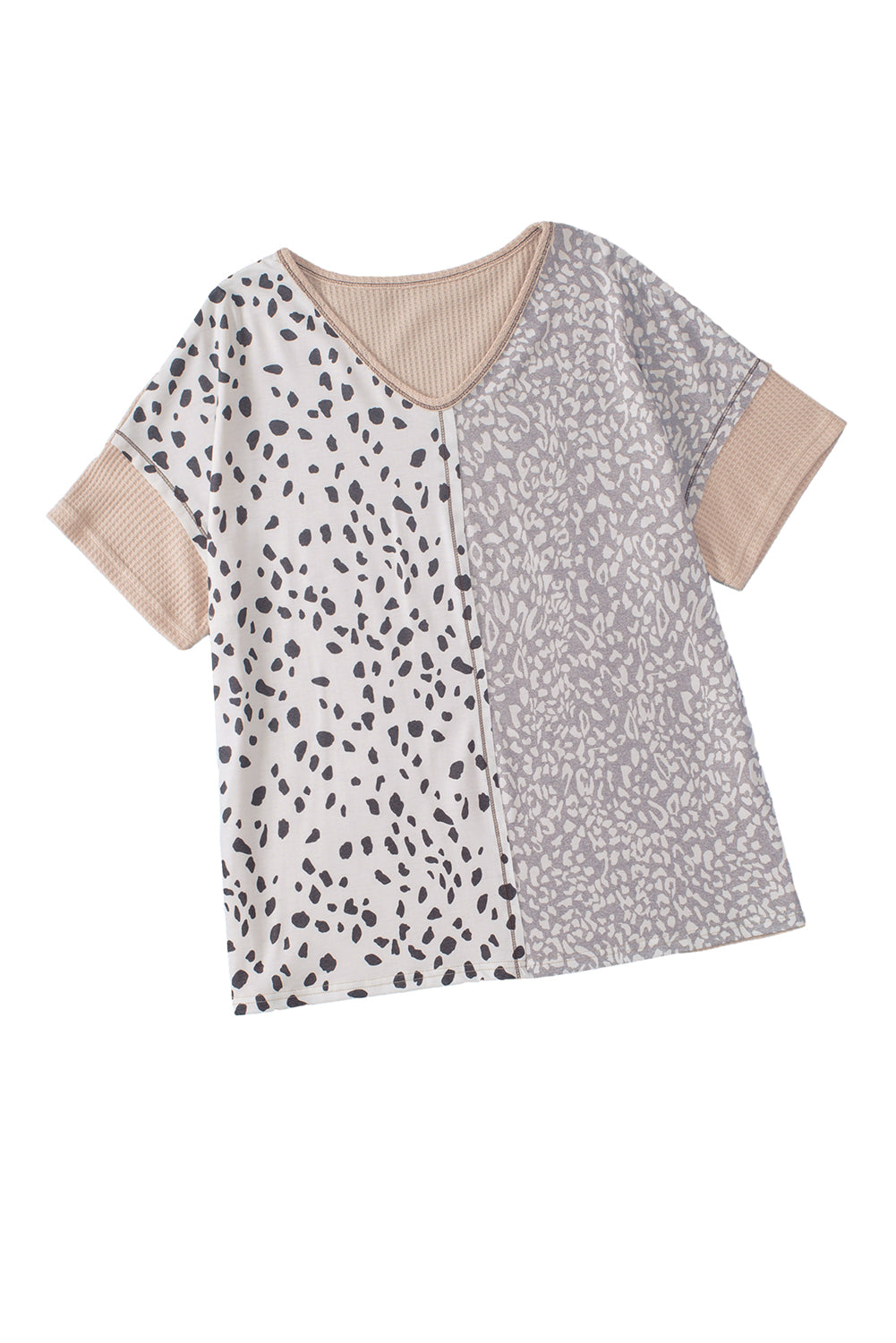 Plus Size Leopard Print Colourblock V Neck T Shirt | Khaki