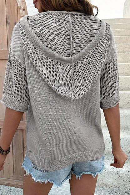 Openwork Drawstring Hooded Short Sleeve Sweater Top | Light Grey