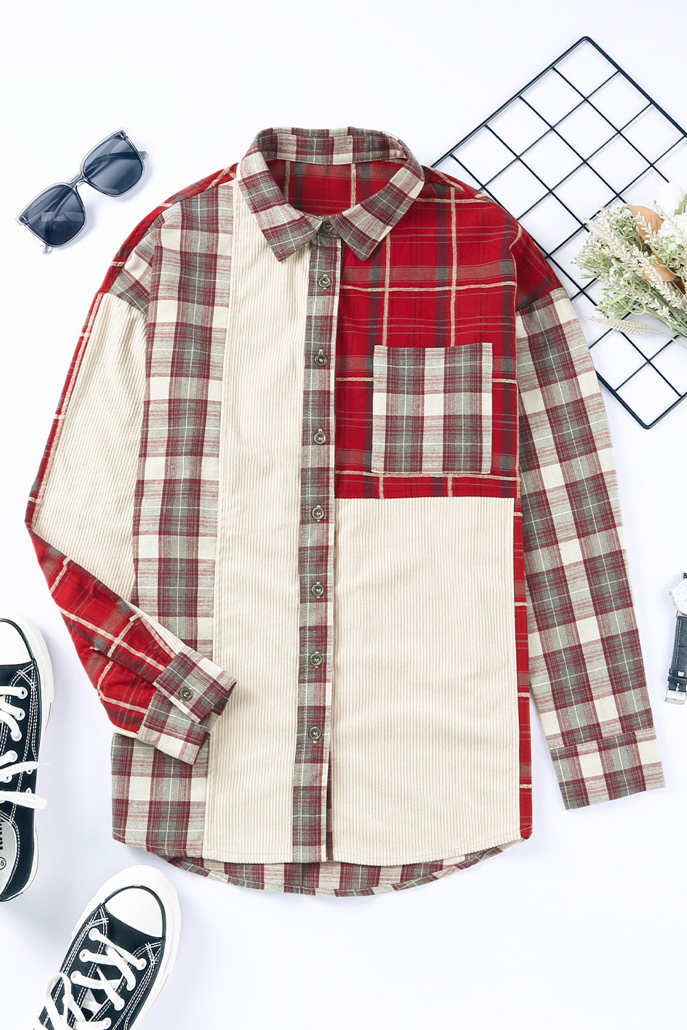 Plaid Corduroy Patchwork Shacket | Red