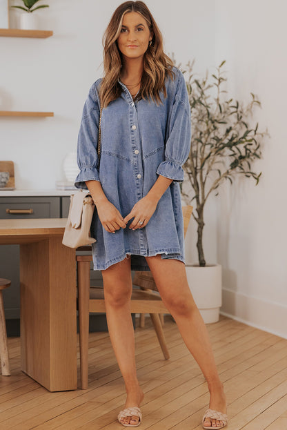 Buttoned Long Sleeve Denim Mini Dress | Sky Blue