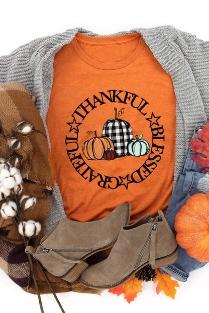 Thankful Blessed Grateful Pumpkin Graphic T Shirt | Orange