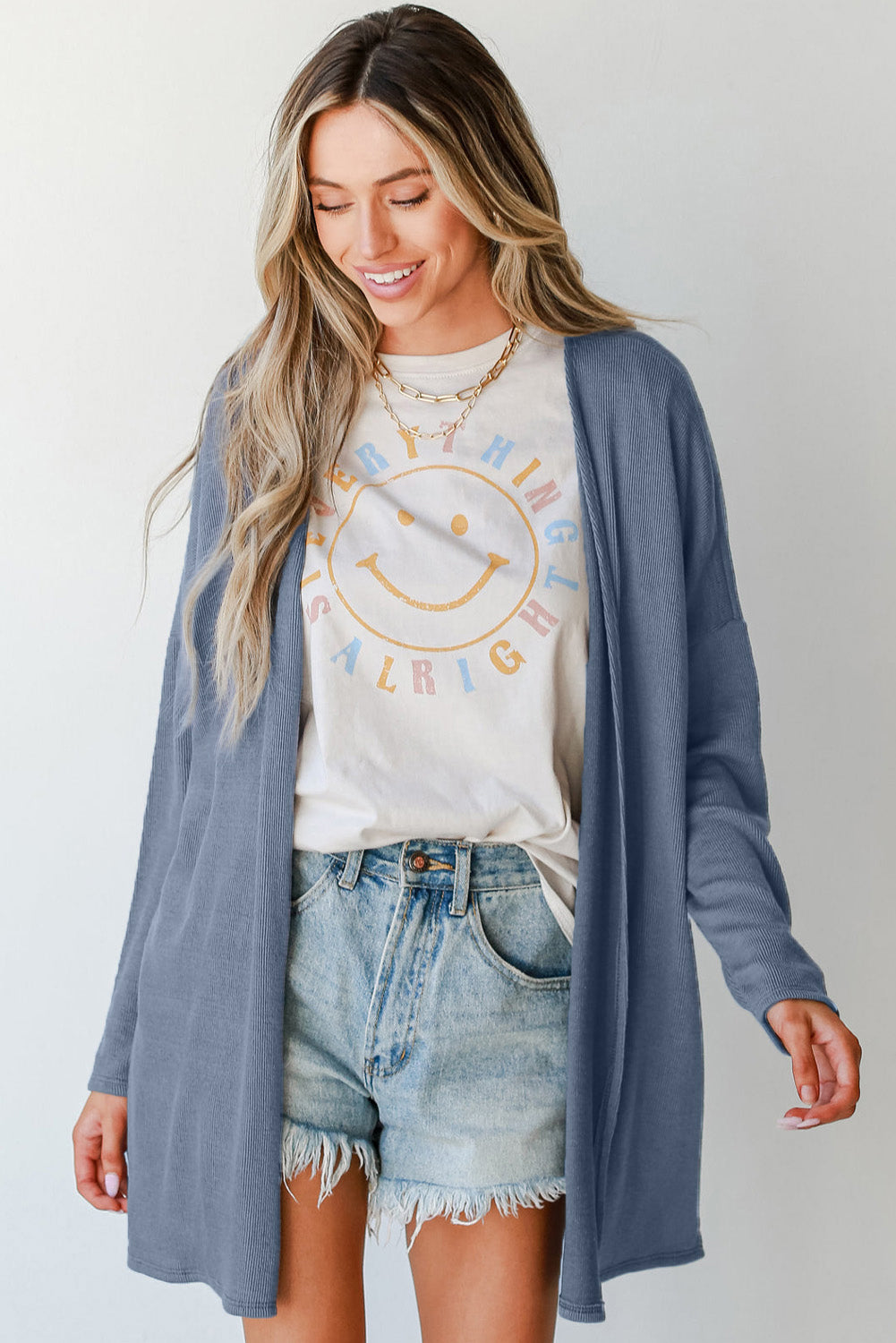 Solid Colour Rib Knit Open Front Tunic Cardigan | Ashleigh Blue