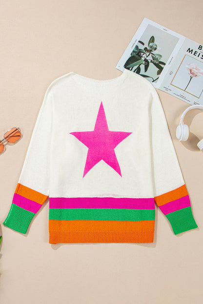 Star Pattern Colourblock Striped Edge Drop Shoulder Sweater | White