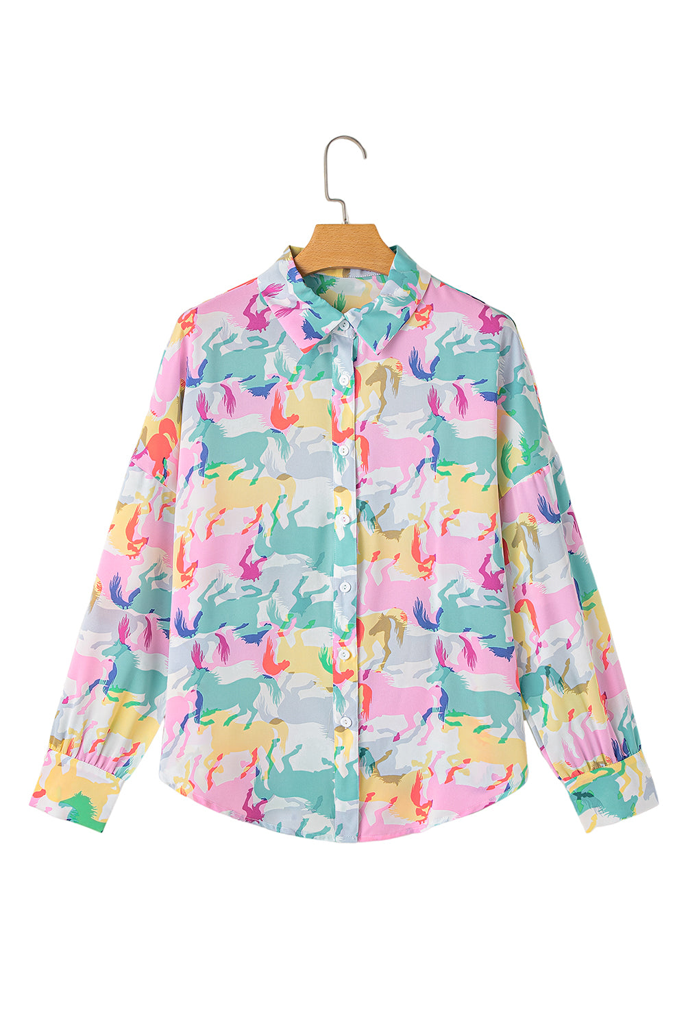 Colourful Horse Printed Long Sleeve Button Up Casual Shirt | White