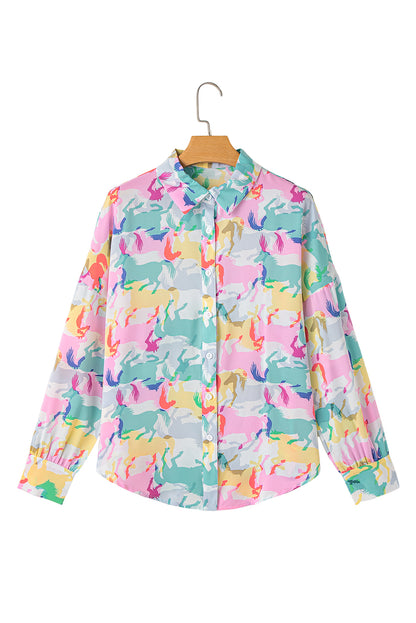 Colourful Horse Printed Long Sleeve Button Up Casual Shirt | White