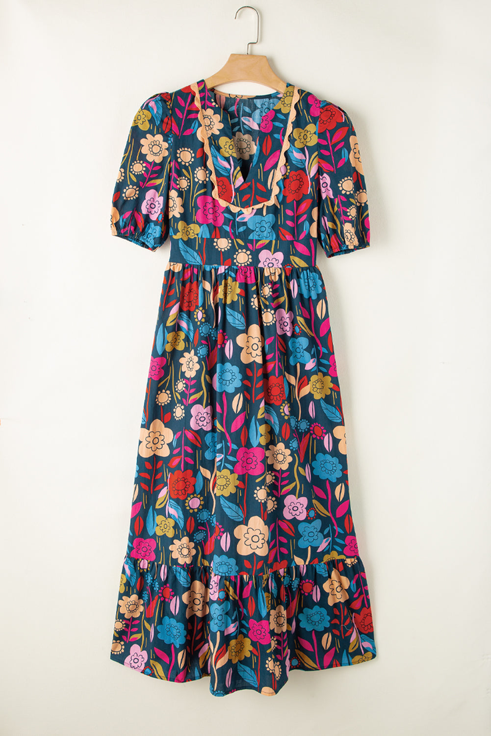 Retro Floral Printed Split Neck Maxi Dress | Green