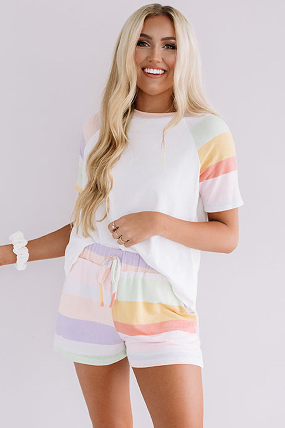 Rainbow Striped T Shirt And Shorts Set | White