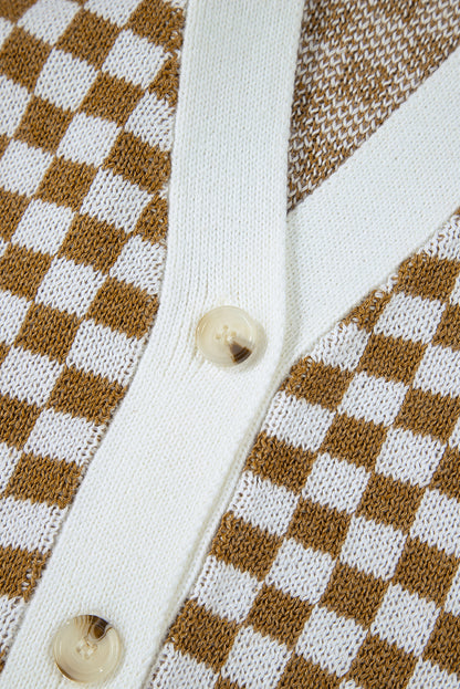 Checkered Striped Patched Buttoned V Neck Cardigan | Brown