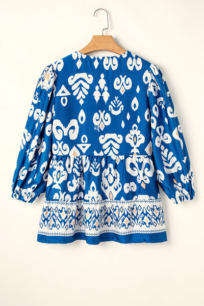 Tribal Geometric Print 3/4 Sleeve Flowy Fit Blouse | Blue