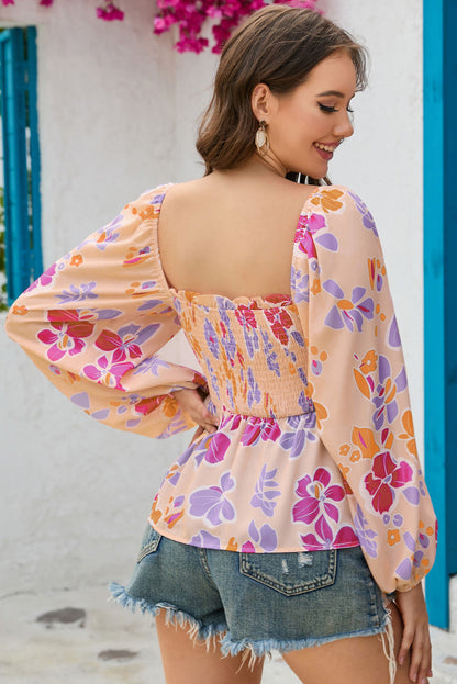 Floral Print Smocked Long Sleeve Peplum Blouse | Pink