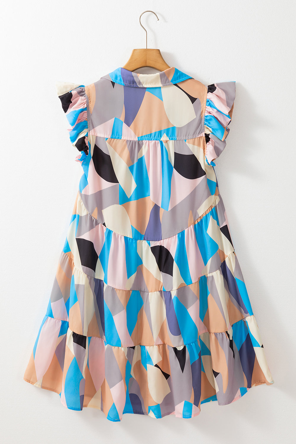 Geometric Print Ruffled Cap Sleeve Collared Mini Dress | Sky Blue