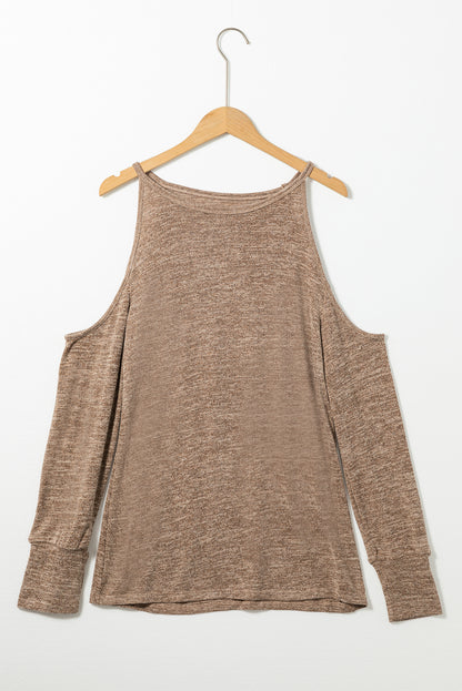 Marble Knit Cold Shoulder Long Sleeve Top | Khaki