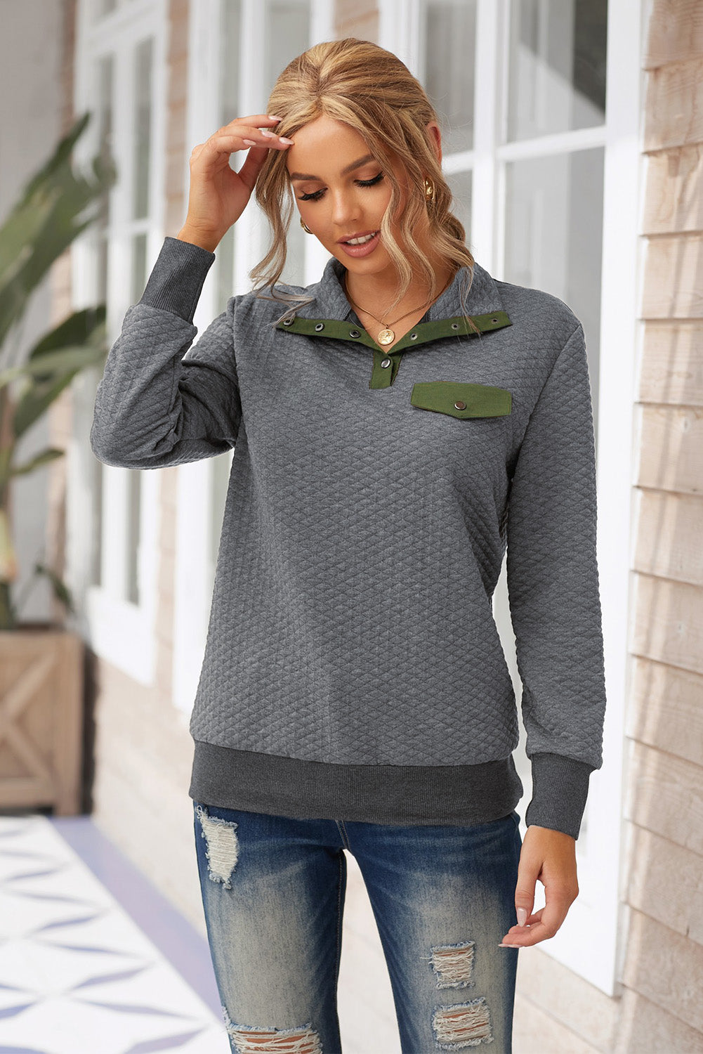 Dark  Quilted Snaps Stand Neck Sweatshirt With Fake Front Pocket | Gray