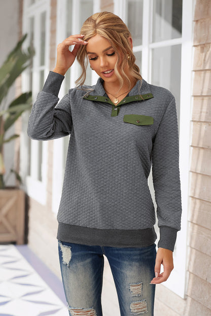 Dark  Quilted Snaps Stand Neck Sweatshirt With Fake Front Pocket | Gray