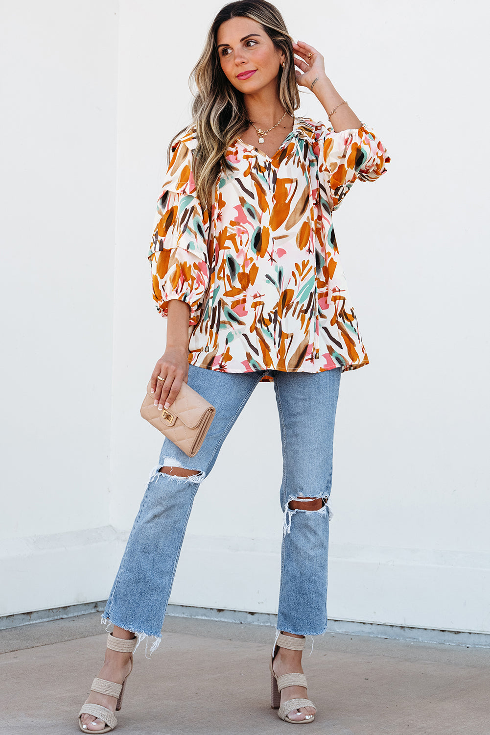 Abstract Print Drawstring Frilled V Neck 3/4 Sleeve Blouse | Yellow