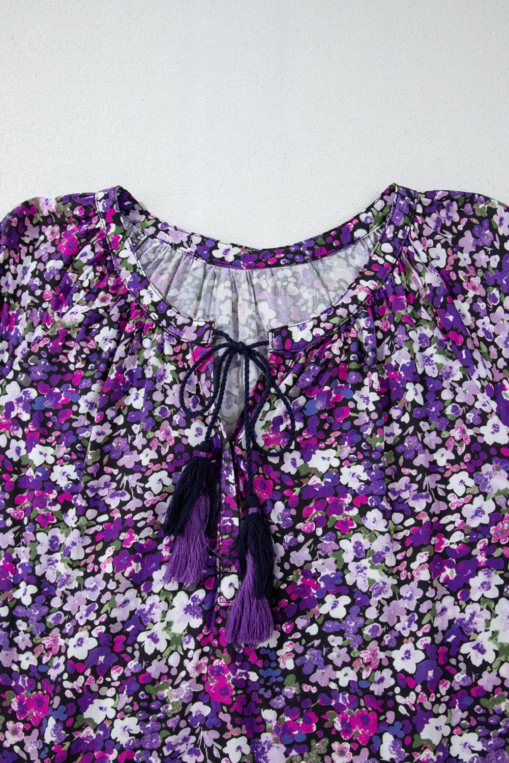 Boho Flower Split V Neck Bubble Sleeve Blouse | Purple