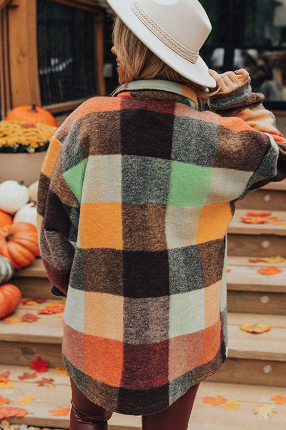 Plaid Print Flap Pocket Long Jacket | Orange