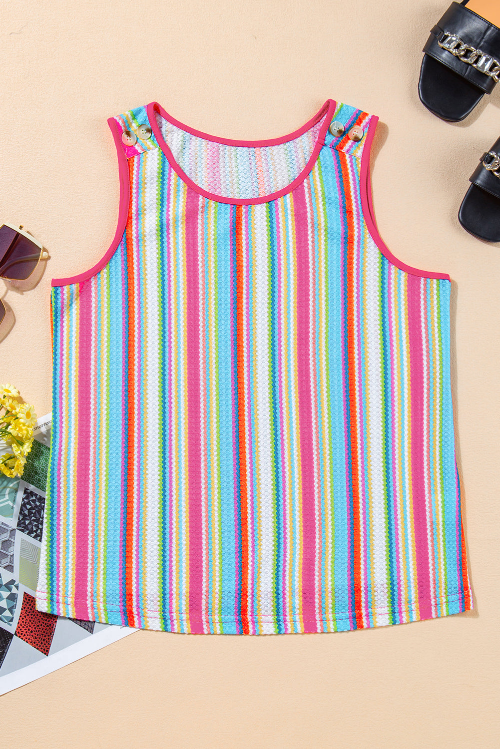 Rainbow Eyelet Knit Button Decor Tank Top | Rose Stripe