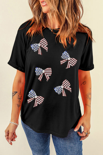 Sequined Flag Bowknot Graphic T Shirt | Black