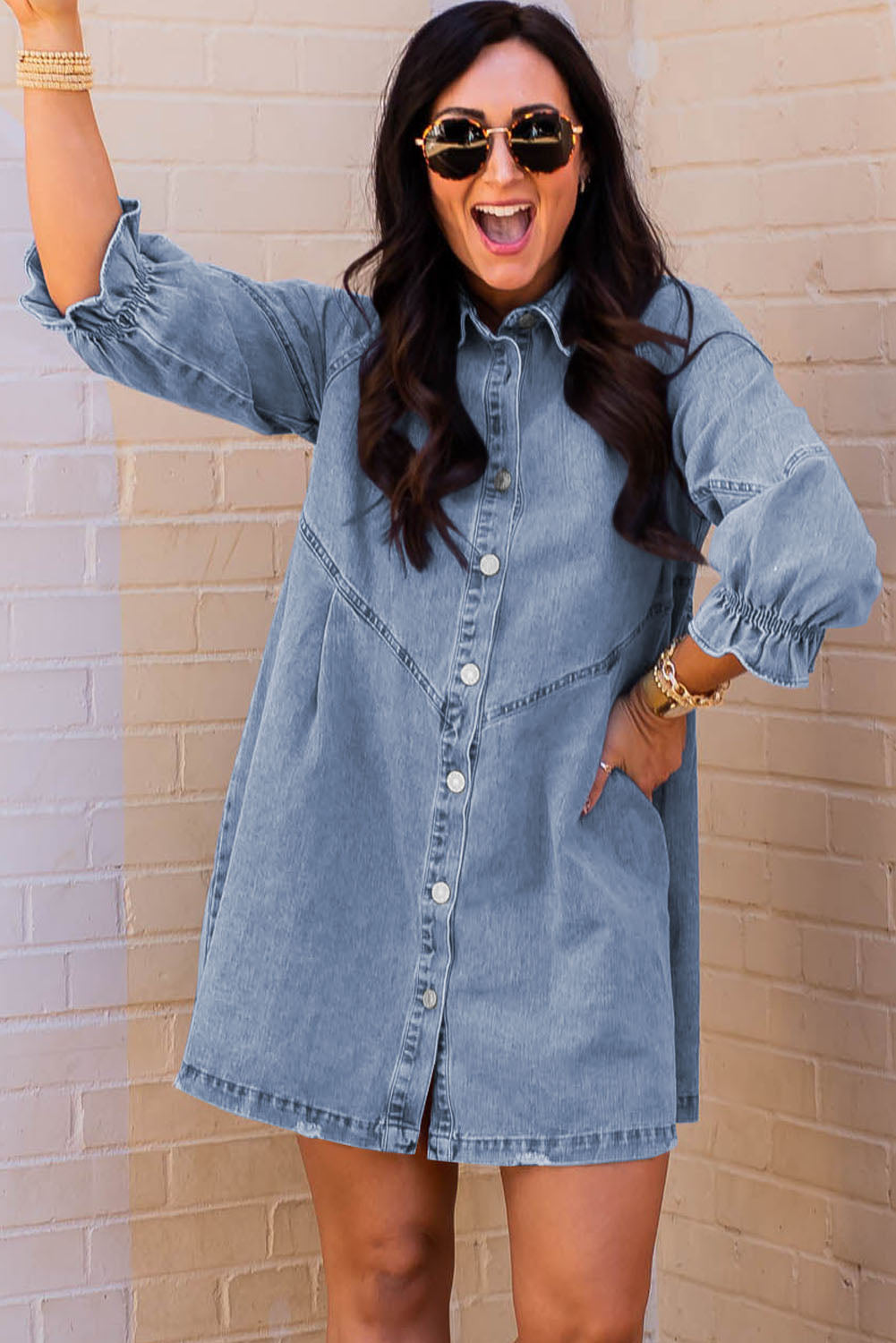 Buttoned Long Sleeve Denim Mini Dress | Sky Blue