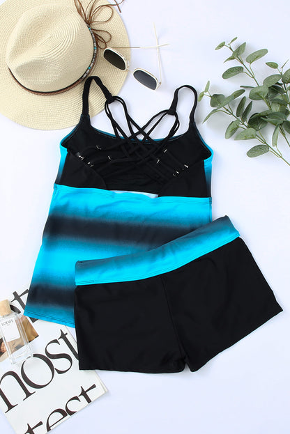 Bluish Strappy Hollow-Out Back Tankini | Blue