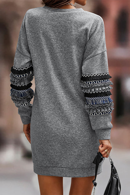 Printed Fringed Ruffled Accent Sweatshirt Dress | Dark Grey