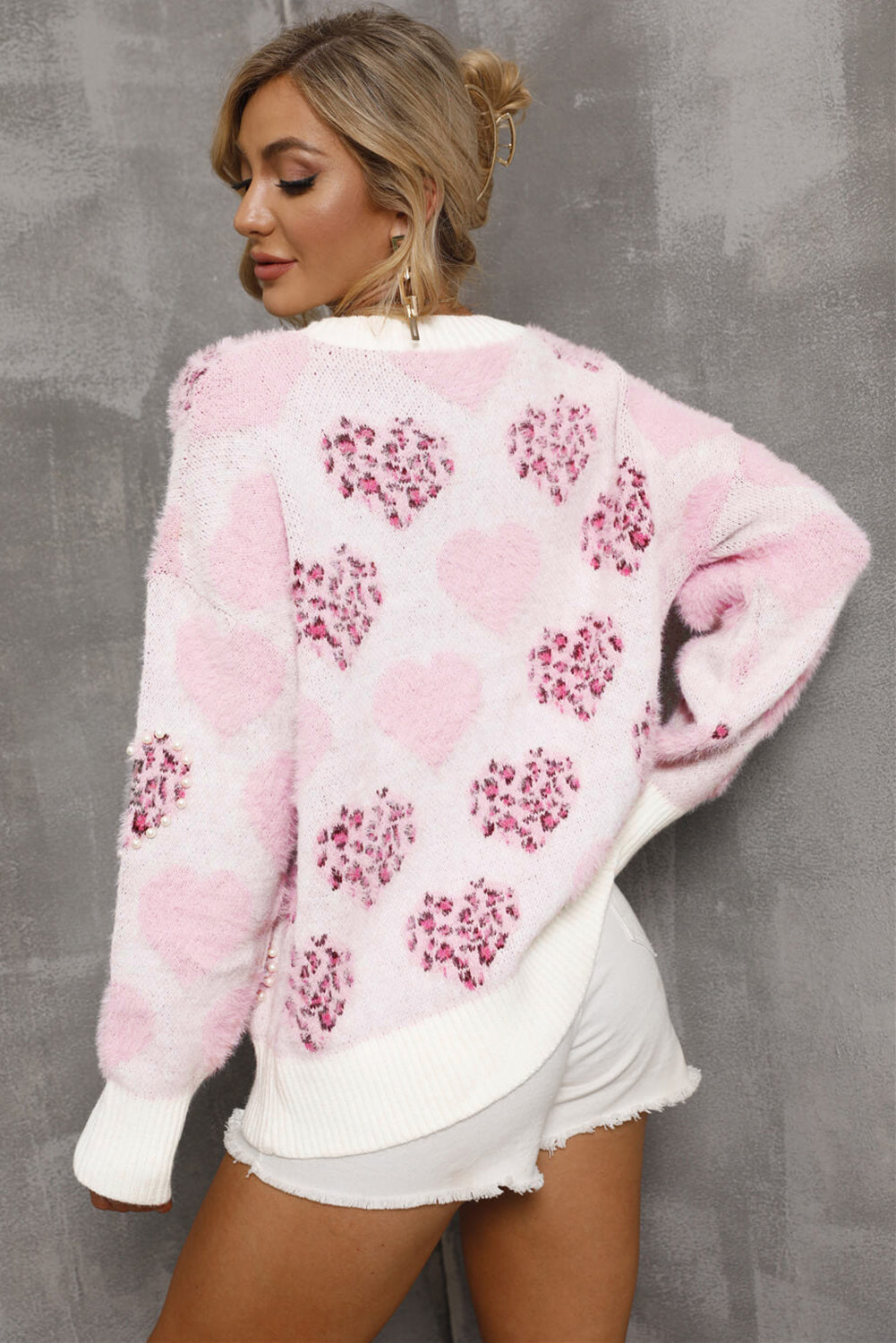 Heart Leopard Print Pearled Ribbed Trim Fuzzy Sweater | Pink