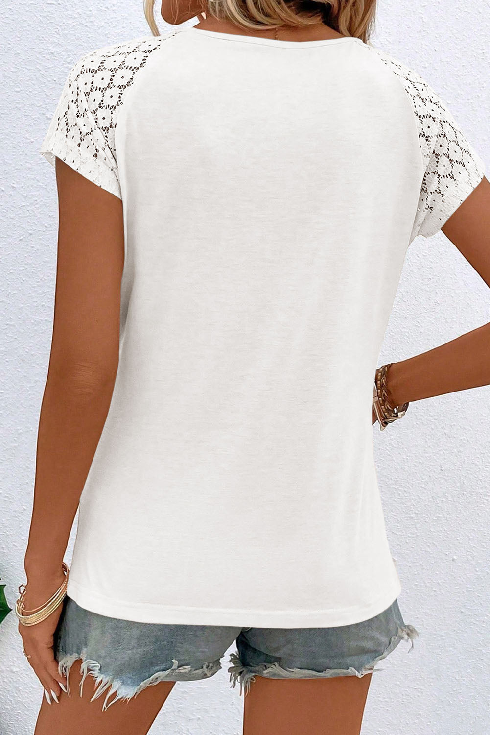 Contrast Lace Sleeve Keyhole Decor Top | White