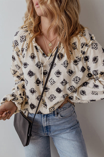 Printed Split Neck Bubble Sleeve Loose Blouse | White