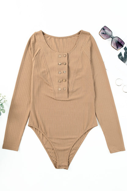 Double Breasted Half Buttoned Long Sleeve Bodysuit | Khaki